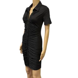 Source Unknown Black Ruched Bodycon Full Button Front Short Sleeve Mini Dress Womens Small thumbnail 2
