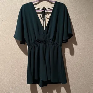 Leith Dark Green Emerald V-Neck Flowy Short Sleeve Tie-Back Romper Sz L thumbnail 3