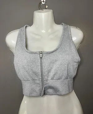 90 Degree By Reflex Sports Bra Womens Medium Gray Zip Front Ribbed Seamless thumbnail 1