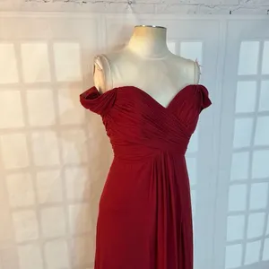 Dessy Collection 2844 Burgundy Off The Shoulder Chiffon Bridesmaid Dress Size 0 thumbnail 4