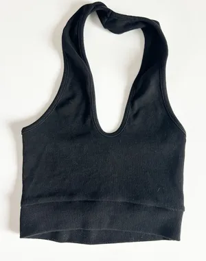 THE KRIPT Womens Basic Black Ribbed Knit Halter Neck Crop‎ Top Tank Size XS thumbnail 1