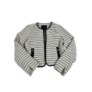American Eagle Striped Cropped Moto Jacket Cream Navy Blue Faux Leather Trim L thumbnail 3