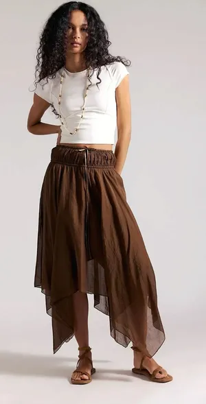Free People FP One Bohemian Fairy Kaia Asymmetrical Midi Skirt Brown Large NWT thumbnail 1