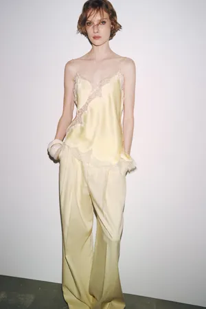 Zara Lace-Trim Satin Cami Top in Pale Butter Yellow thumbnail 3