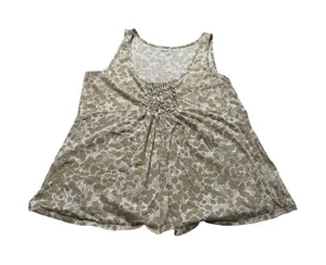 New York & Company Tan White Floral Smocked Cotton Tank Top Women L Sleeveless thumbnail 1