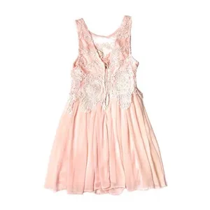 VTG Y2K L'atiste Romantic Boho Crochet Lace Pleated Mini Dress Sleeveless Pink S thumbnail 3