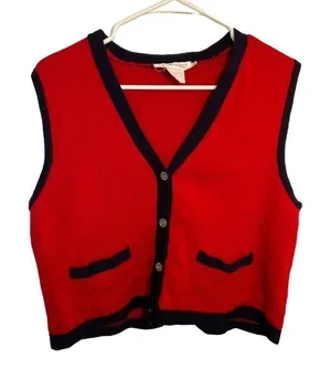 Vintage Talbots Women's Size Medium Sweater Vest Red Navy Blue Pockets 100% Wool thumbnail 1