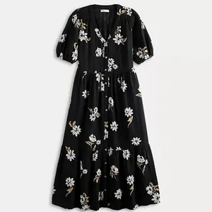 Soma XS Gaux Long maxi dress floral black button down Puff Sleeve 100% Cotton thumbnail 2