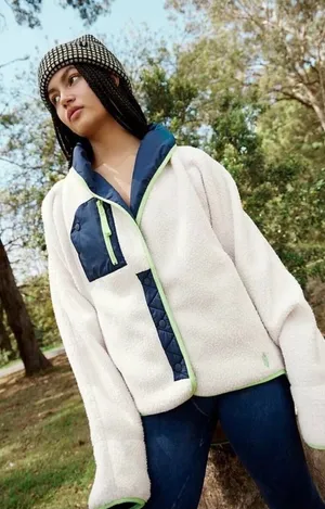 Free People Movement Hit The Slopes Fleece Shawl Jacket in Canvas Combo Size L thumbnail 1