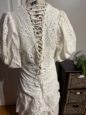 NWT FARM Rio Cotton Eyelet Puff Sleeve White Tiered Midi Dress L cottage coastal breathable thumbnail 7
