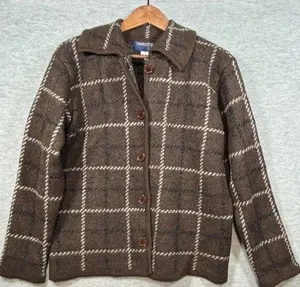 Country Shop Womens M Wool Plaid Button Up Cardigan Sweater Jacket Brown thumbnail 1