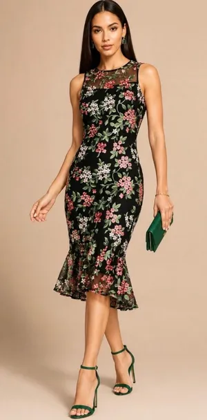 Calvin Klein Floral Embroidered Mesh Mermaid Midi Dress Black Pink 2P CD8L15EZ‎ thumbnail 1