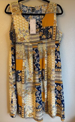 NEW! EMERY ROSE Boho Patchwork Swing Dress Mini Yellow Navy Blue Floral LARGE thumbnail 1