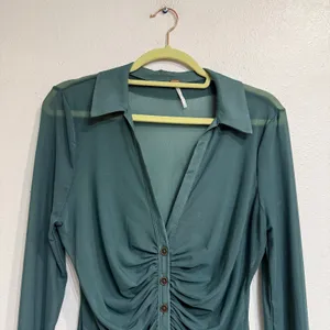 Free People Teal Sheer Mesh Ruched Button Front Long Sleeve Top Sz M thumbnail 3