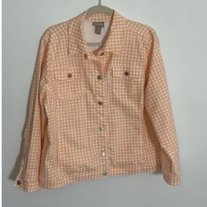 Chico's Peach‎ and white checked denim jacket size 3 thumbnail 1