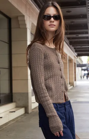 Brandy Melville Zoe Cable Knit Cardigan Brown thumbnail 4
