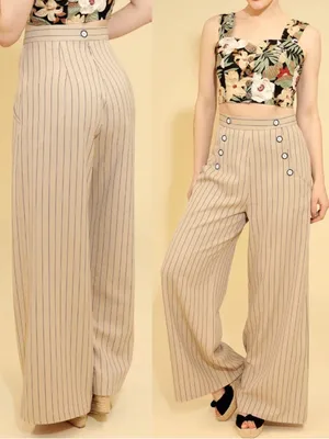 Hell Bunny 30s 40s Caspian Beige Stripe Swing Sailor Trousers Retro Pinup thumbnail 4