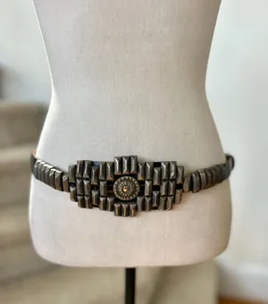 Vintage Black Metal Studded Southwestern Western Aztec Tribal Leather Belt (34) thumbnail 1