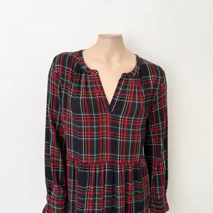 [LOFT] Plaid Split Neck Tiered Long Sleeve Flannel Mini Dress Relaxed Sz Large L thumbnail 4
