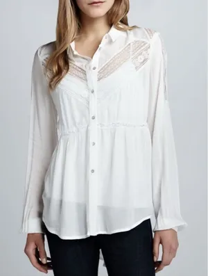 Free People White Lace Panel Rayon Gauze Button Down Blouse Small Boho Top thumbnail 1