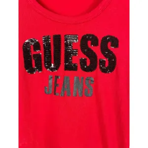 VTG 90s 2000s Y2K Red Cap Sleeve Guess Embellished Beaded Logo Tee Top S thumbnail 4