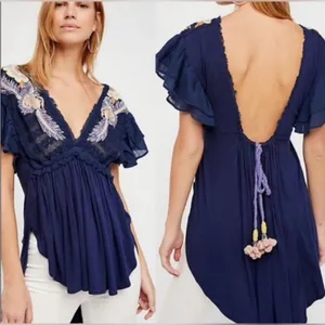 Free People Fiesta Embroidered Navy Top Tuni Sz M thumbnail 2