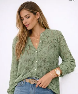 Feminine Lace Cottage Prarie Sheer Embroidered Ruffle Sleeve Medium Blouse Top thumbnail 1