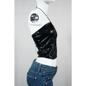 Pretty Garbage Hater Vegan Faux Leather Ruched Crop Top Black Woman's Small NWT! thumbnail 5