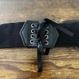 Black Y2K Lace Up Corset Stretch Wide Waist Belt, Fits Up to 27 Inches, X7GA1312 thumbnail 4