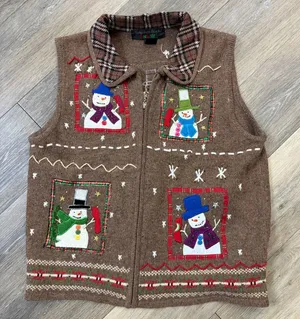 Hampshire Studio Snowman Sweater Vest Large Brown Christmas Holiday Knit thumbnail 1