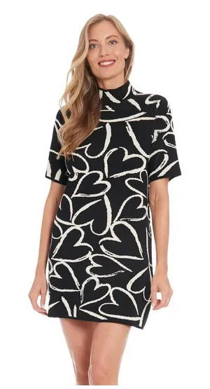 NWT London Times Mockneck Short Sleeve Mini Sweater Dress Black / White XL thumbnail 1