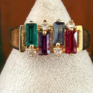 18K GER Multicolor Baguette Ring Gold Tone Rainbow Stone Band thumbnail 2