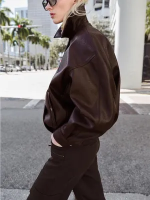 Zara Dark Brown Oversized Faux-Leather Bomber Jacket thumbnail 4