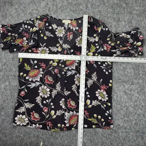 LOFT Women Blouse Sz M Charcoal Floral VNeck Long Sleeve Button Down Ruffle Cuff thumbnail 8