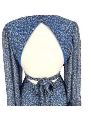 Bardot Floral V-Neck Long-Sleeve Mini Dress Ruffled Ruched Blue Size XL thumbnail 6