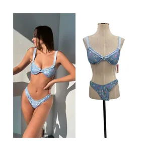 Strawberry Milk Mob Brad's‎ Favorite Floral Bikini Set Blue Ruffle NWT Medium thumbnail 2