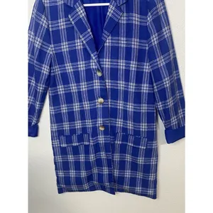 BB Dakota Steve Madden Women's Blue White Plaid Long Blazer Jacket Collared S thumbnail 11