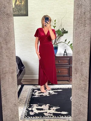 BHLDN Anthropologie Dover Burgundy Velvet Wrap Maxi Dress Size L Made in USA thumbnail 11