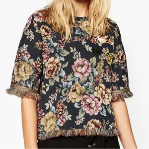 Zara Jacquard Top Women's Size‎ M Floral Tapestry Frayed Fringed Short Sleeve thumbnail 1