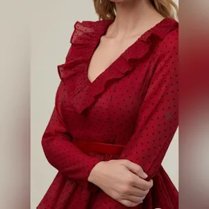 Rachel parcell Women's Red‎ Black Polka Dot Long Sleeve Tiered Ruffle Dress 8 thumbnail 6