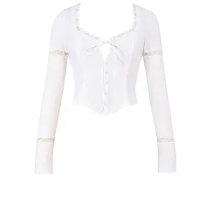 Mistress Rocks Lace Trim Tie Front Top Womens Medium White Bell Sleeve Corset thumbnail 14