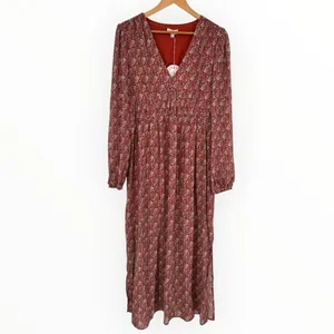 Umgee Burgundy Ditsy Floral Print Maxi Dress with Slits size Large Long Sleeves thumbnail 2