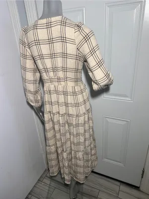 Marine Layer Maeve Maxi Dress NWOT Small Cream Windowpane Plaid Tiered V-Neck thumbnail 8