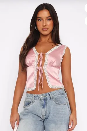 WHITE FOX‎ BOUTIQUE Size Medium Pink Satin Lace Trim Tie Keep Doing You Crop thumbnail 1