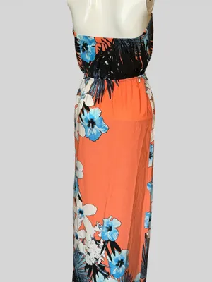 Tyche Coral Strapless Floral Maxi Dress with Blue Accents thumbnail 6