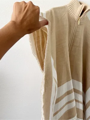 Marc New York Ivory Tan Oversized Gold Zip Up Fringe Hem Poncho thumbnail 6