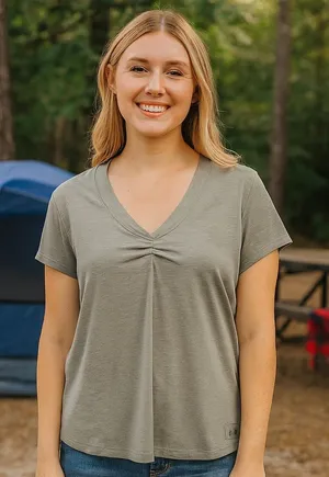 REI Grey V-Neck Blouse Camping Hiking Outdoors‎ Athletic Comfort Stretch S thumbnail 1