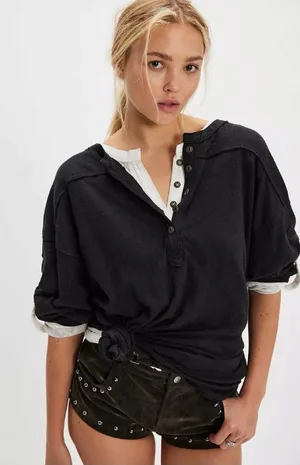 Free People Oversized Slouchy Cotton Linen Henley Tee in Black Medium NWT thumbnail 1