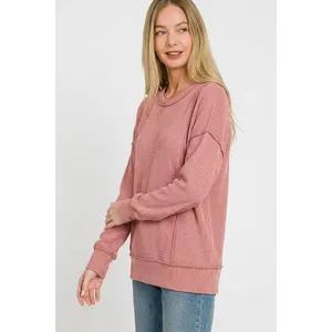 Zenana Corded Rib Long Sleeve‎ Round Neck Top - Winter Rose - Large thumbnail 3