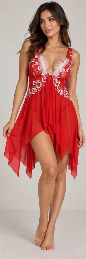 Kle Red Lace and Feather Trim Babydoll Lingerie Dress thumbnail 1